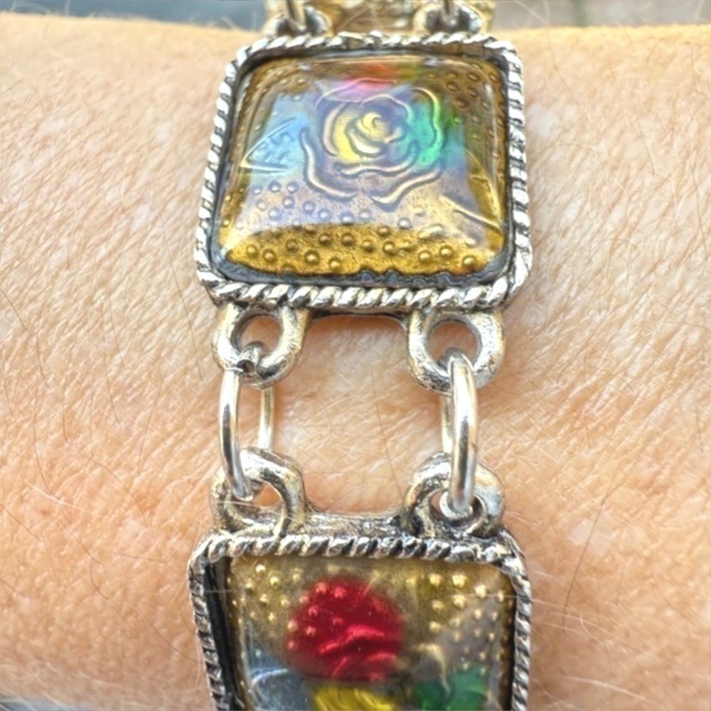 Vintage Floral Panel Link Bracelet Enamel Rose Gold Tone Boho Jewelry - Picture 4 of 10